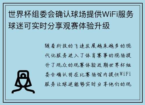 世界杯组委会确认球场提供WiFi服务球迷可实时分享观赛体验升级